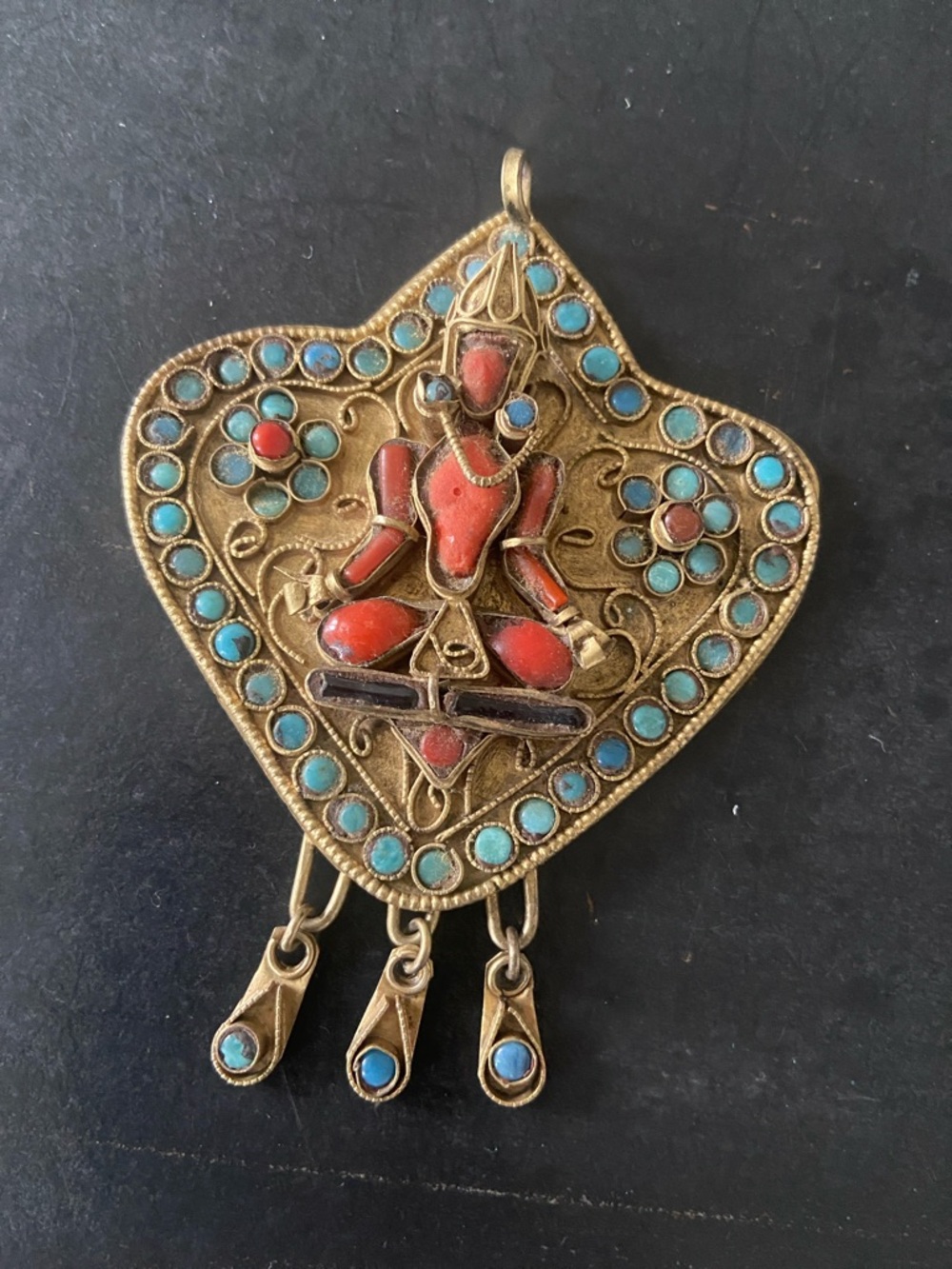 Lg. Vintage Tibetan Nepalese Turquoise and Coral Brass  Pendant.